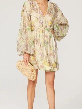 Alexis Behati Floral Chiffon Swiss Dot Balloon Sleeve Mini Dress  Yellow  M 6